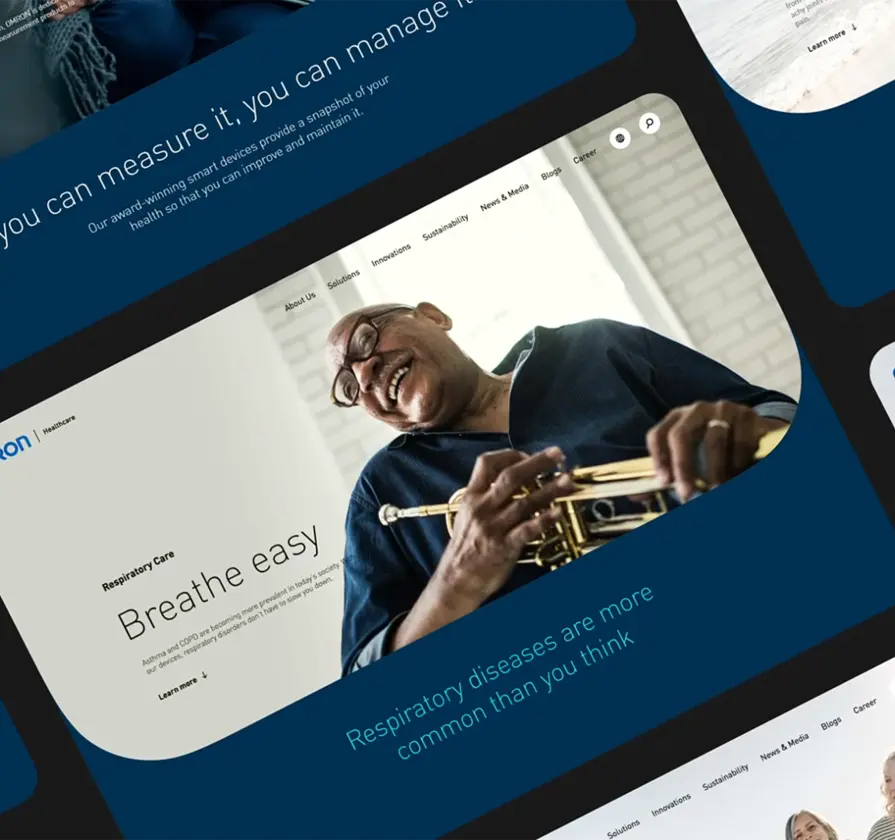 A collage of header images of Omron's website