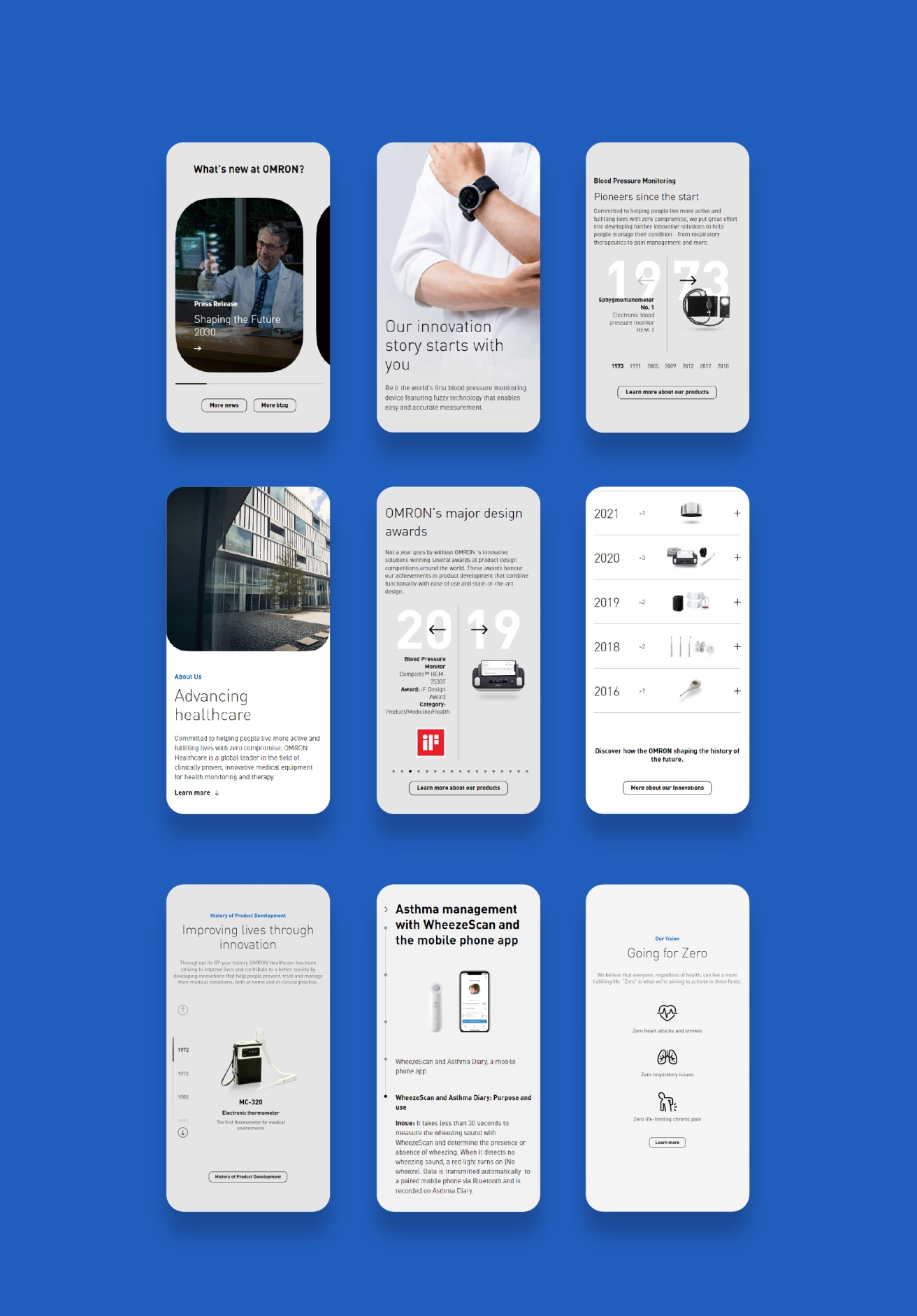 A collage of mobile views of Omron's website